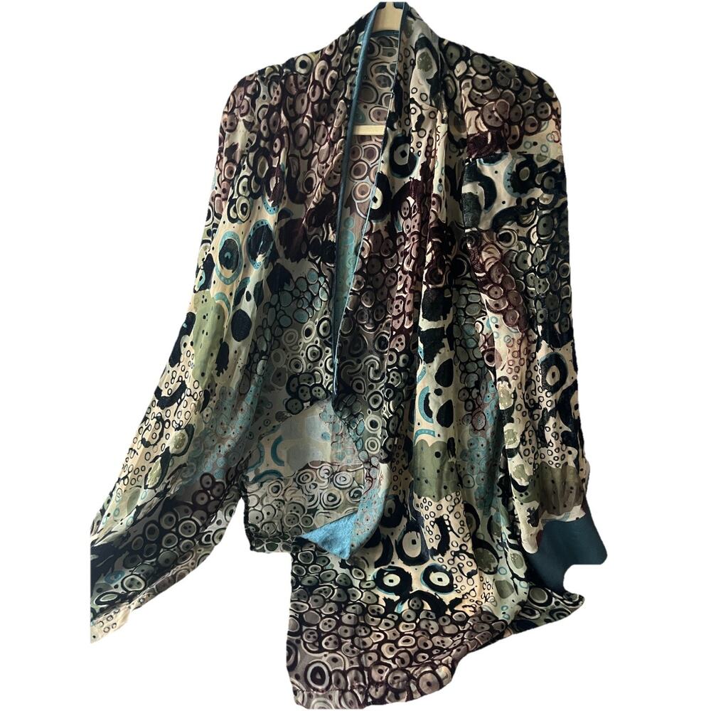 Vintage Silk Velvet Burnout Kimono - Turquoise Brown Satin Split Cuffs - Y2K Art